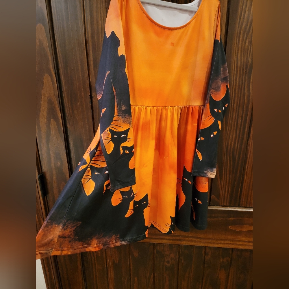 Girls Orange and Black Cat Print Dress